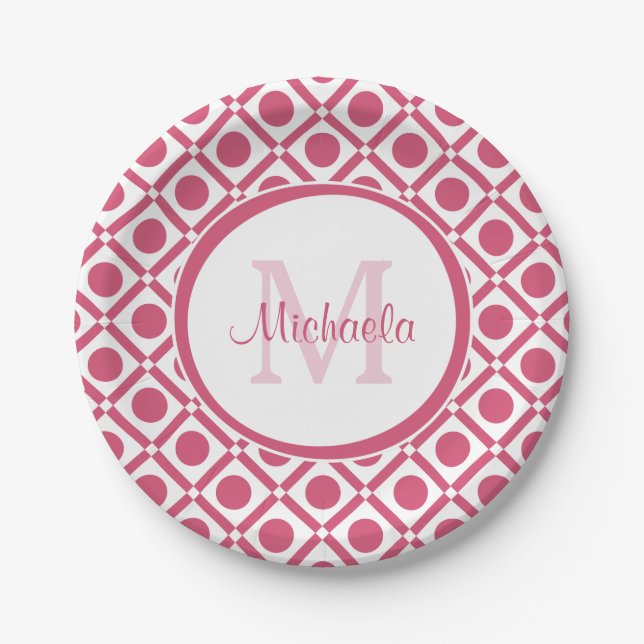 Modern Pink and White Geometric Monogram With Name Paper Plate (Front)