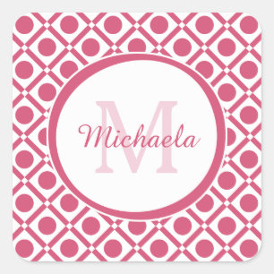 Modern Pink and White Geometric Monogram With Name Square Sticker