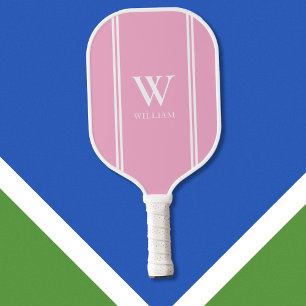 Modern Pink and White Initial Name Monogram Pickleball Paddle