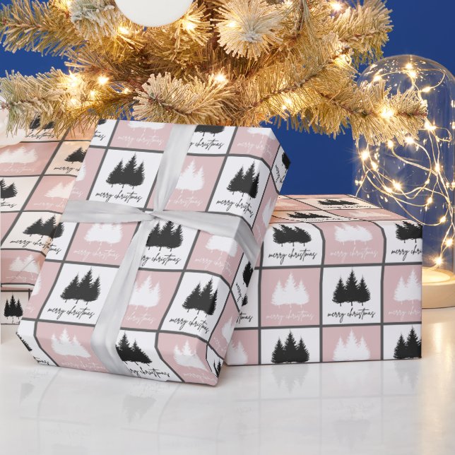 Modern Pink and White Merry Christmas Pattern Wrapping Paper (Holidays)