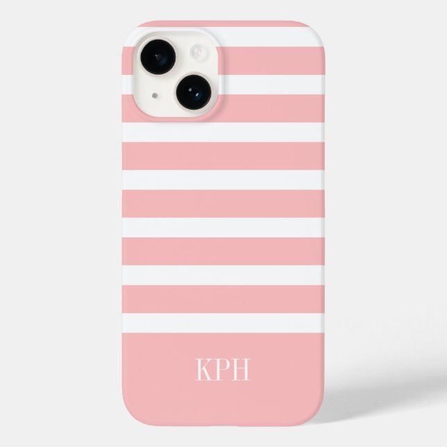 Modern Pink and White Stripe with Monogram  Case-Mate iPhone Case (Back)