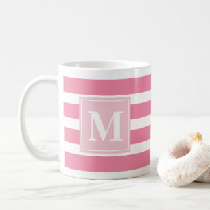 Modern Pink and White Stripe with Monogram Coffee Mug