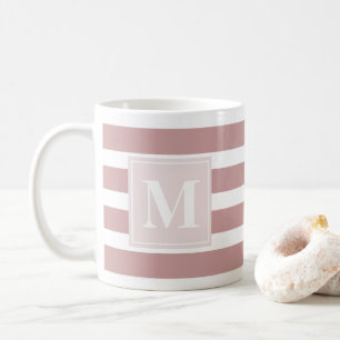Modern Pink and White Striped Monogram Coffee Mug