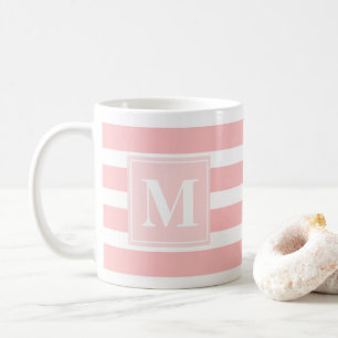 Modern Pink and White Striped Monogram Coffee Mug