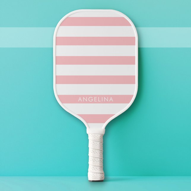 Modern Pink and White Striped Pattern Custom Name Pickleball Paddle (Custom Pickleball Paddle)