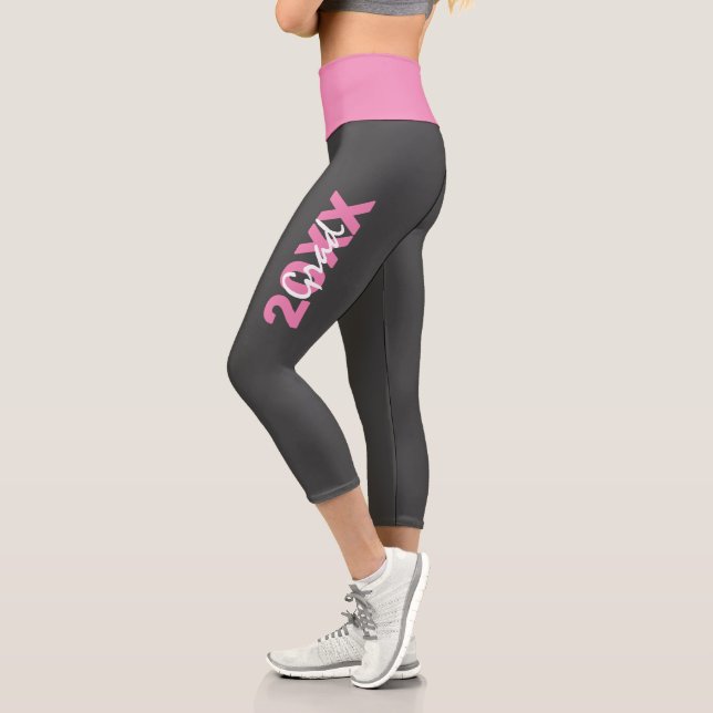 Modern Pink and White Text on Grey Graduation Capri Leggings (Left)