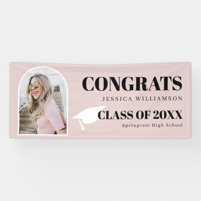 Modern Pink Arch Photo Congrats Graduation Banner (Horizontal)