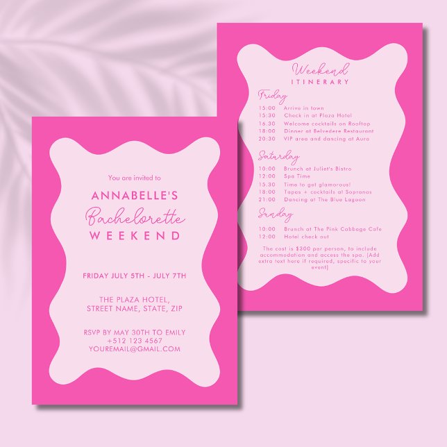 Modern Pink Bachelorette Itinerary Wavy Invitation (Modern pink wavy Bachelorette Weekend Invitation with itinerary)