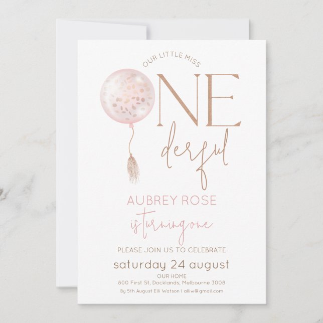 Modern Pink Balloon Onederful 1st Birthday Invitation (Front)