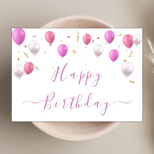 Modern Pink Balloons Elegant Happy Birthday Script Card