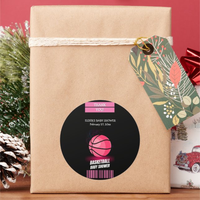 Modern Pink Basketball Ticket Ball Baby Shower Classic Round Sticker (Holiday)