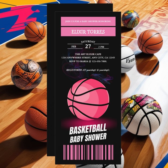Modern Pink Basketball Ticket Ball Baby Shower Invitation (Creator Uploaded)