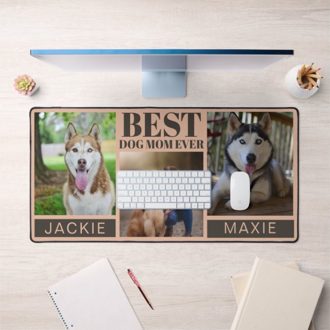 Modern Pink Best Dog Mom Ever 3 Photo Collage  Desk Mat (Office 1)