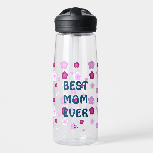 Modern pink best mom ever cute flower pattern water bottle (Front)