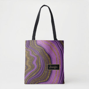 Modern Pink Black Agate Crystal Personalize Name Tote Bag