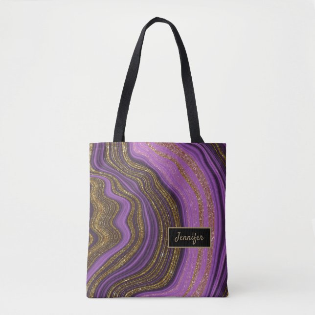 Modern Pink Black Agate Crystal Personalize Name Tote Bag (Front)