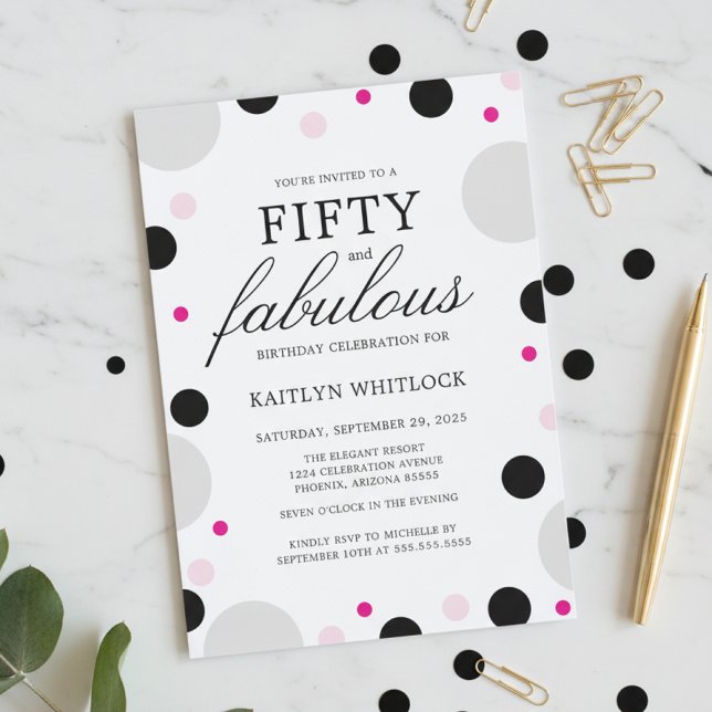 Modern Pink Black Bold Script 50th Birthday Party Invitation (modern bold pink and black girly fifty and fabulous 50th birthday party invitations)