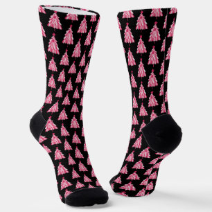 Modern Pink Black Christmas Tree Pattern Socks