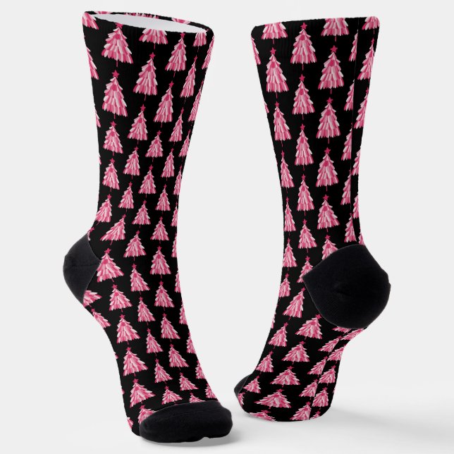 Modern Pink Black Christmas Tree Pattern Socks (Angled)