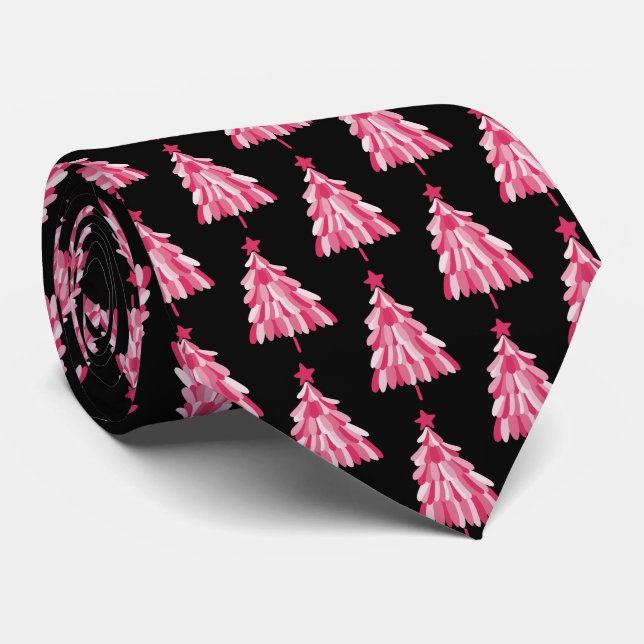Modern Pink Black Christmas Tree Pattern Tie (Rolled)