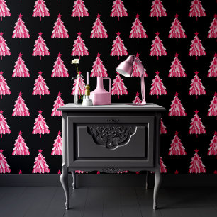 Modern Pink Black Christmas Tree Pattern Wallpaper