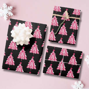 Modern Pink Black Christmas Tree Pattern Wrapping Paper Sheet