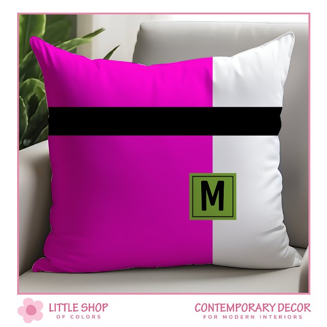 Modern Pink Black Colour Block Monogrammed Throw Pillow (Creator Uploaded)