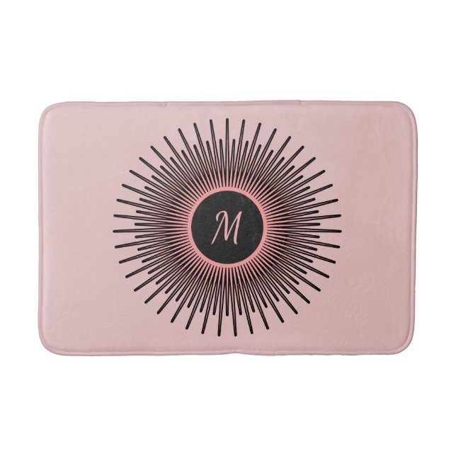 Modern Pink Black Elegant Monogrammed Bath Mat (Front)