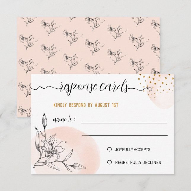 Modern Pink & Black Flower Gold Dots Response Card (Front/Back)