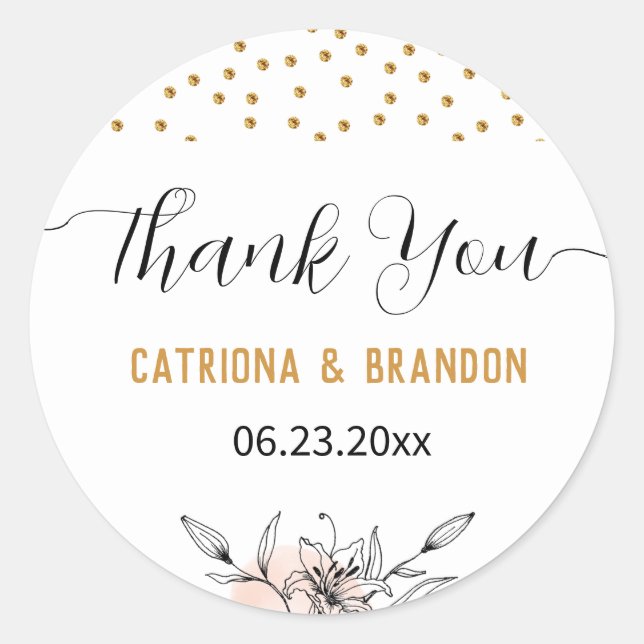 Modern Pink & Black Flower Gold Dots Thank You Classic Round Sticker (Front)