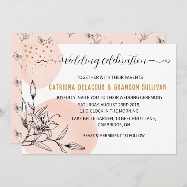 Modern Pink & Black Flower Gold Dots Wedding Invitation (Front/Back)