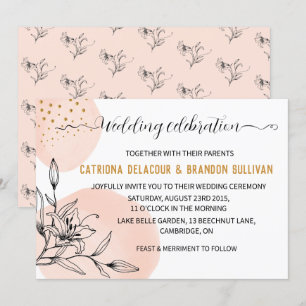 Modern Pink & Black Flower Gold Dots Wedding Invitation