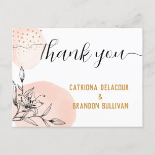 Modern Pink & Black Flower Gold Dots Wedding Postcard
