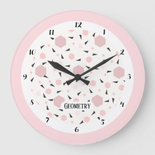 Modern Pink Black Geometric Triangle Pattern Large Clock