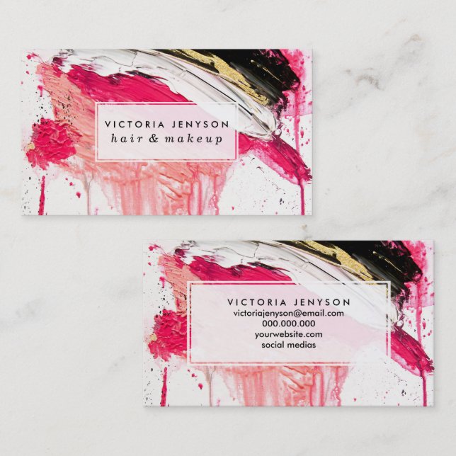 Modern pink black gold brushstrokes splatters business card (Front/Back)