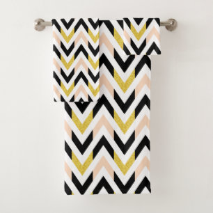 Modern Pink Black Gold White Chevron Pattern Bath Towel Set