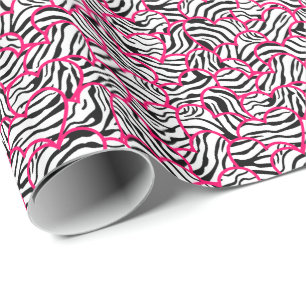 Modern Pink Black Modern Zebra Hearts Pattern  Wrapping Paper