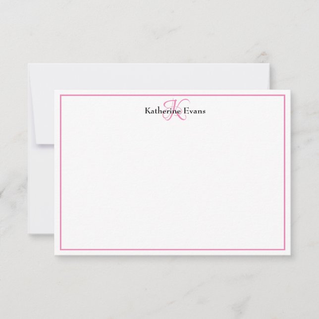 Modern Pink Black Monogram Name Note Card (Front)
