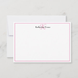 Modern Pink Black Monogram Name Note Card