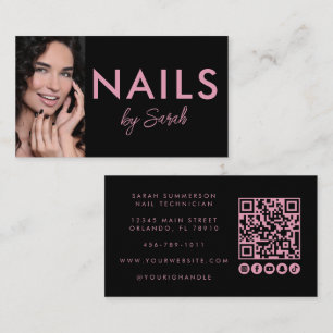 Modern Pink Black Nail Salon QR Code Photo Business Card