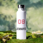 Modern Pink Black Player Name Jersey Number Sports Water Bottle<br><div class="desc">Create your own custom, personalized, cool, chic, modern, stylish pink and black typography / font / script, classy white, spill-proof, stainless steel, condensation-resistant exterior, monogrammed player name jersey number durable double-wall Thor Copper Vacuum Insulated Bottle that keeps beverages hot for 12 hours or cold for 48 hours. Simply type in...</div>