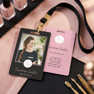 Modern Pink Black Script Logo Photo Nail Salon Badge