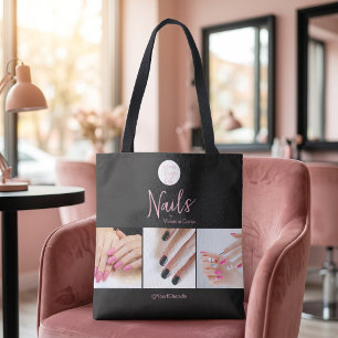 Modern Pink Black Script Logo Photo Nail Salon Tote Bag