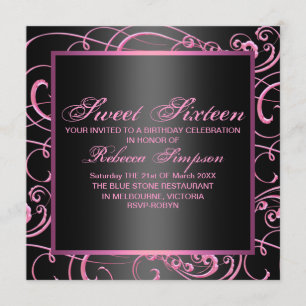 Modern Pink/Black Swirl Sweet 16th Birthday Invite