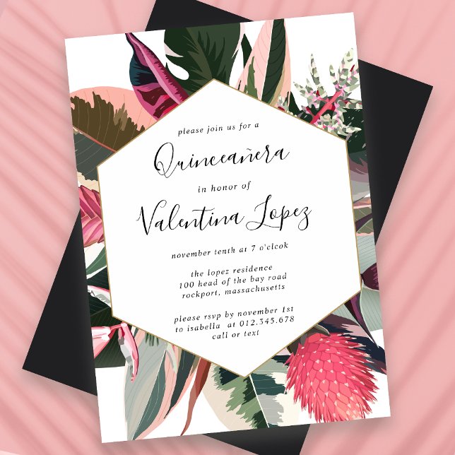 Modern Pink Black Tropical Quinceanera Invitation (Creator Uploaded)
