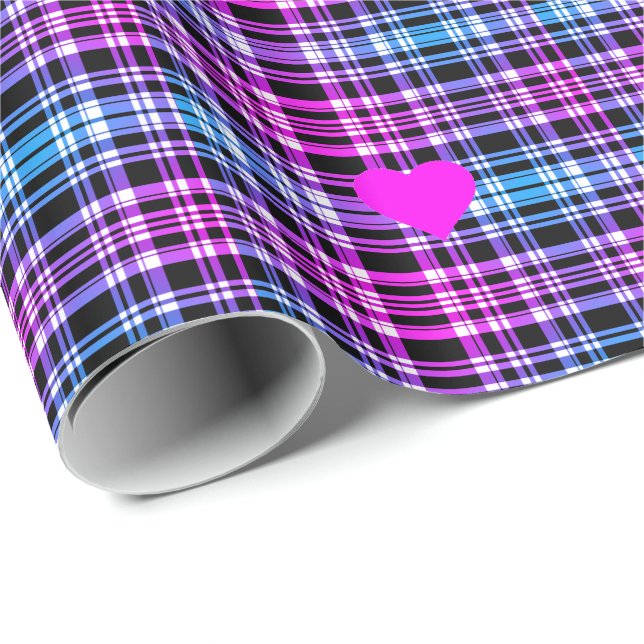 Modern pink blue black plaid pattern, pink hearts wrapping paper (Roll Corner)