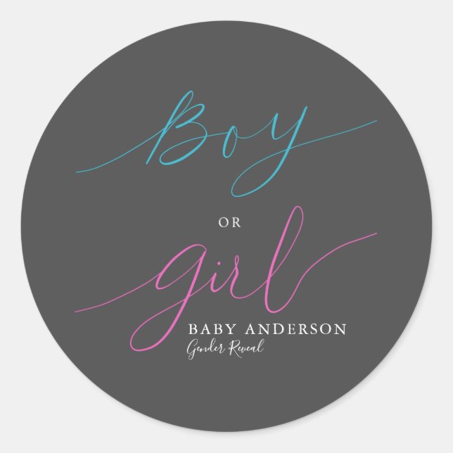 Modern Pink Blue Boy Or Girl Script Gender Reveal Classic Round Sticker (Front)