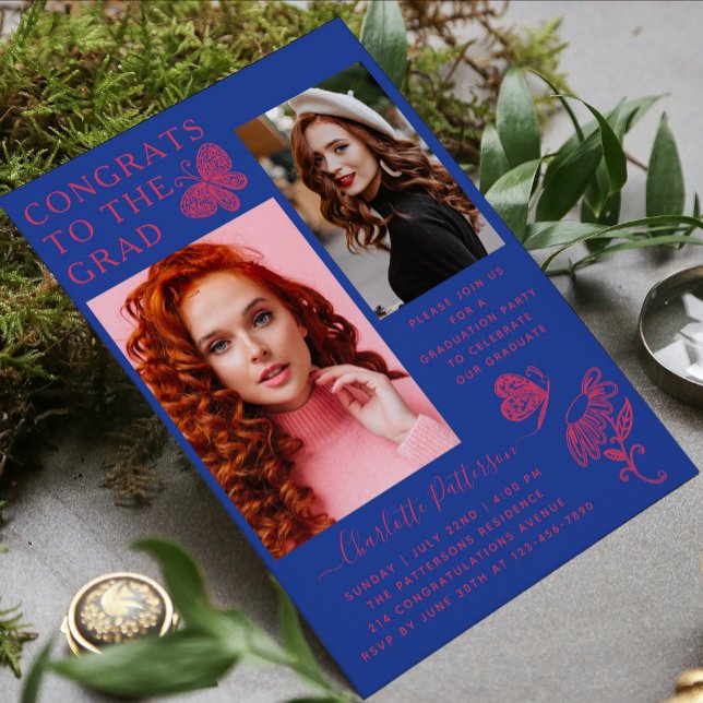 Modern Pink Blue Butterfly Photo Graduation Party Invitation (Creator Uploaded)