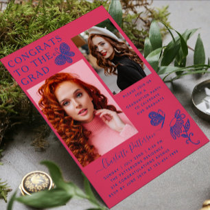 Modern Pink Blue Butterfly Photo Graduation Party Invitation