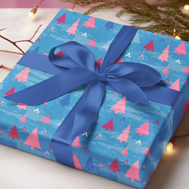 Modern Pink Blue Christmas Tree Pattern Wrapping Paper (Creator Uploaded)